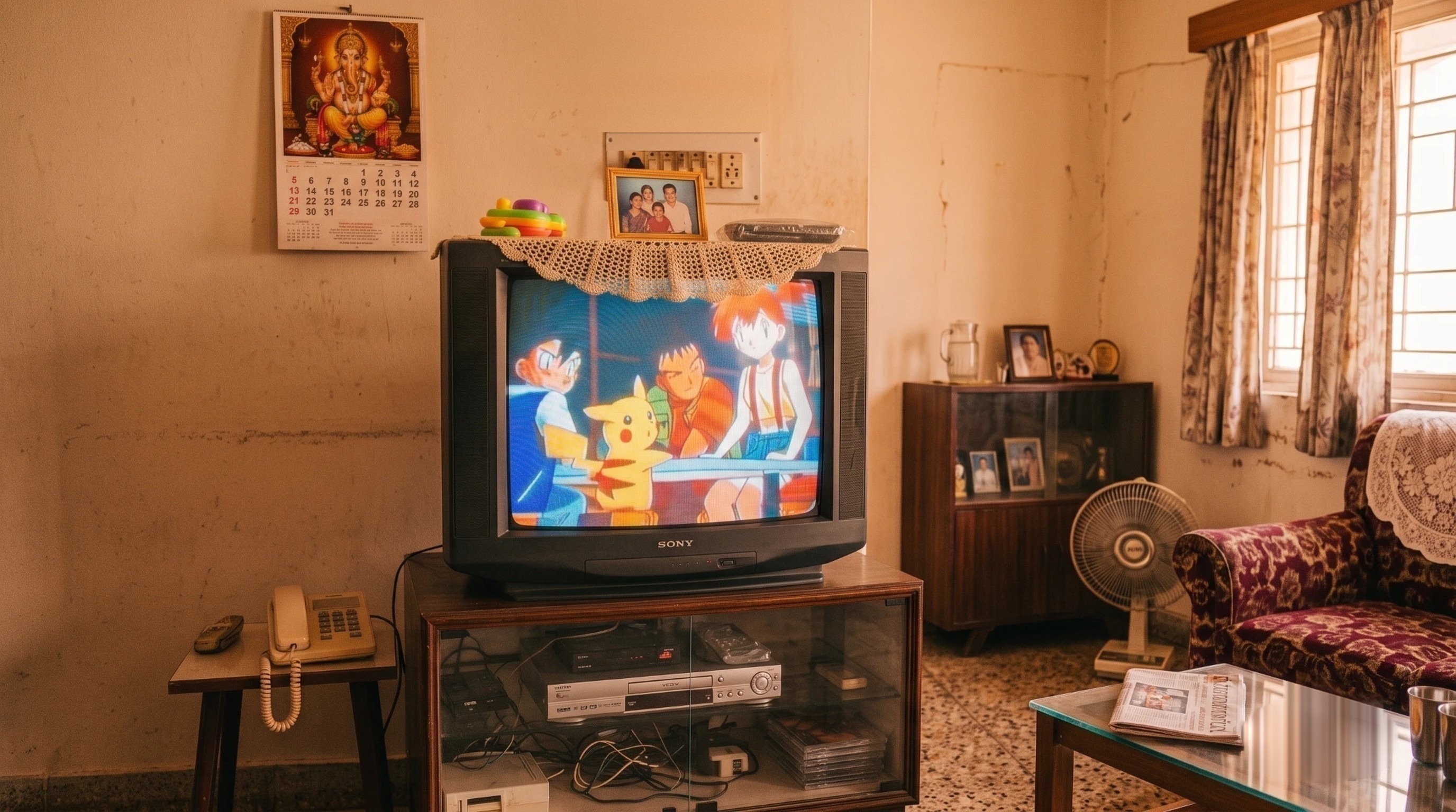 An Indian living room in warm afternoon light: a Sony CRT TV with a crochet doily on a glass cabinet, a calendar and framed photos on the wall